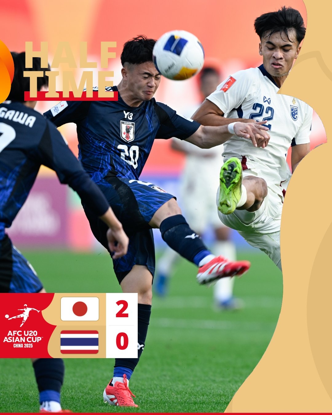  半場-日本U20 2-0領(lǐng)先泰國U20，石井久繼破門+中柱 泰國0射正