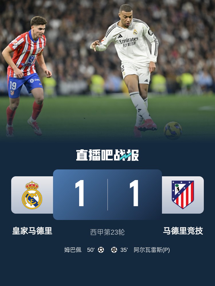  4平1負(fù)！皇馬聯(lián)賽對(duì)馬競已5場不勝，4次戰(zhàn)成1-1